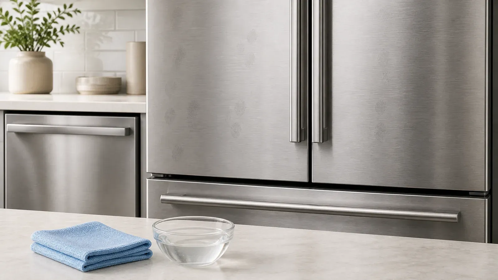 Unbranded stainless steel appliance exteriors with a soft cloth and clean water. The scene is an illustration and does not verify any real appliance finish, condition, or care limit.