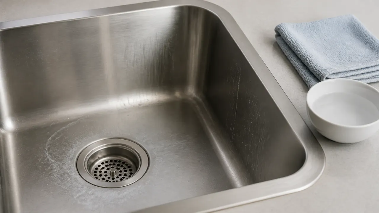 Unbranded brushed stainless steel sink with pale mineral rings and splash marks beside a folded soft cloth and a bowl of plain water.