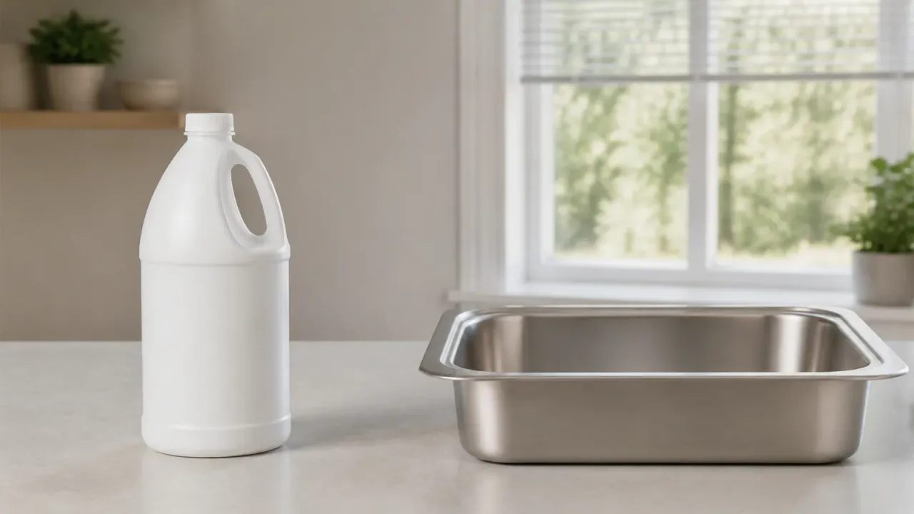 A plain bleach bottle kept apart from a clean stainless steel sink on a dry counter