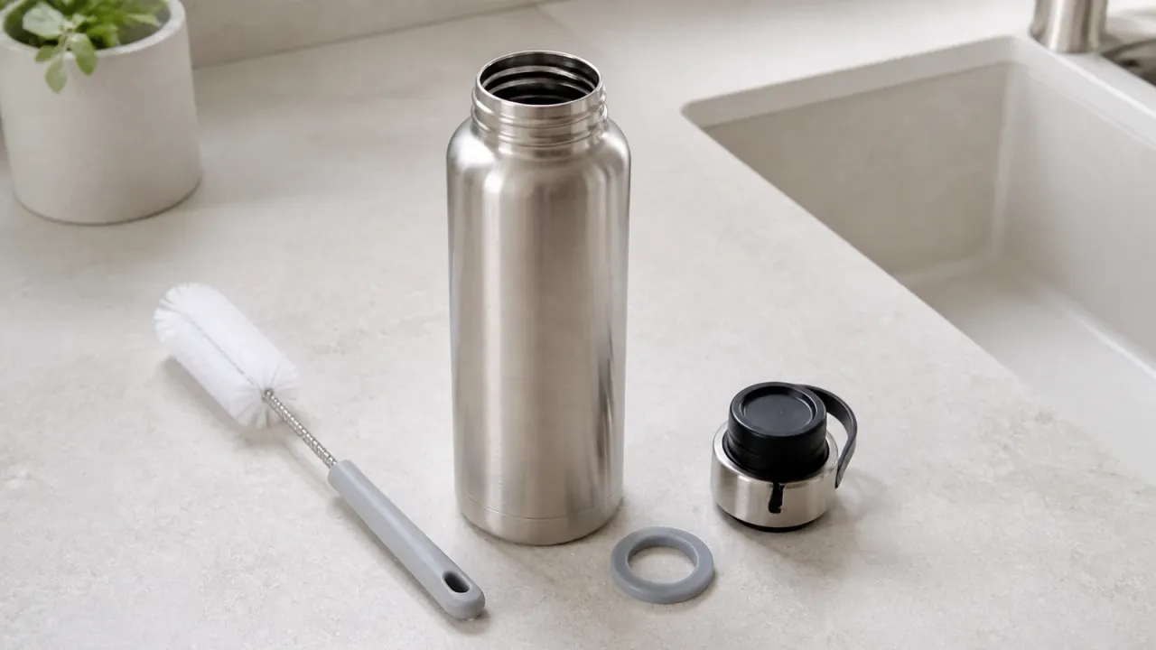 An open stainless steel water bottle with its cap, gasket, and soft bottle brush on a clean counter