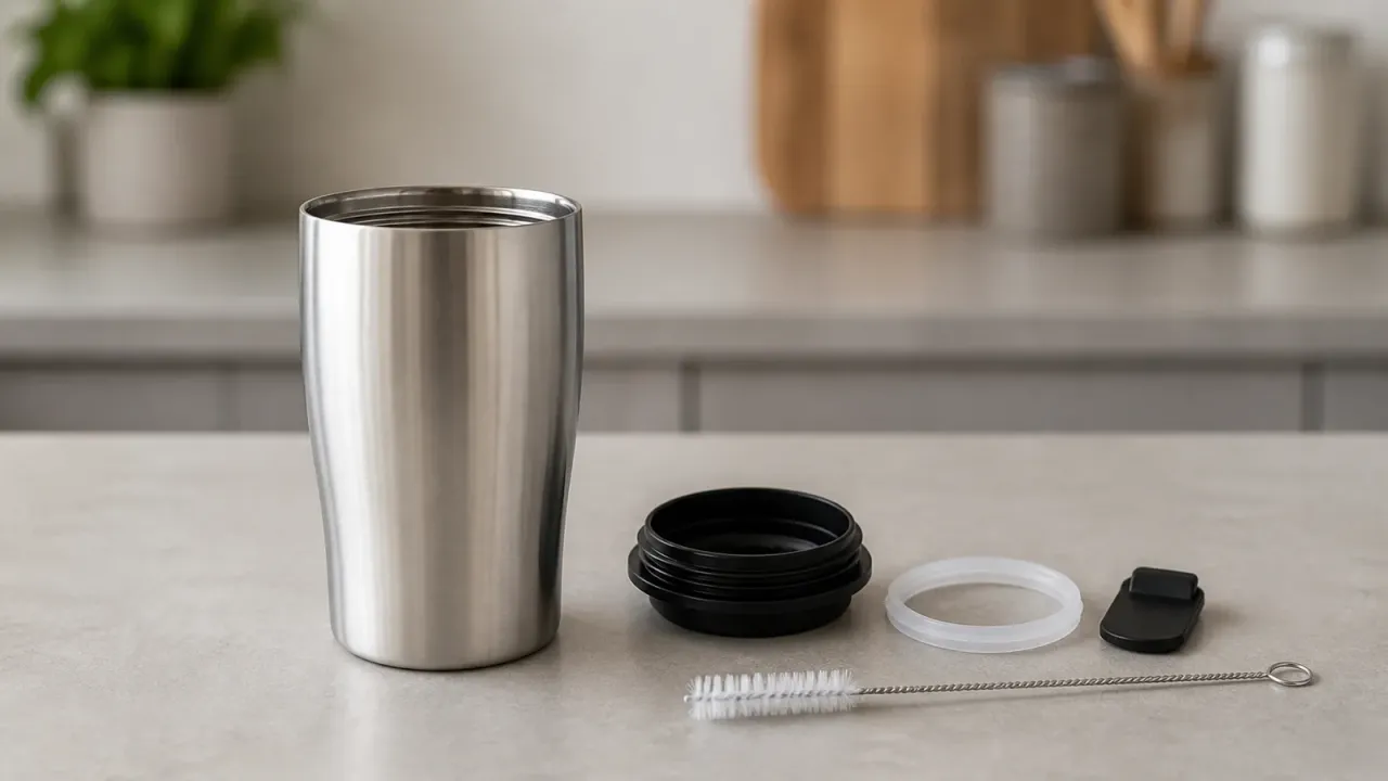 Unbranded stainless steel travel mug with its lid parts and a narrow cleaning brush separated on a neutral counter