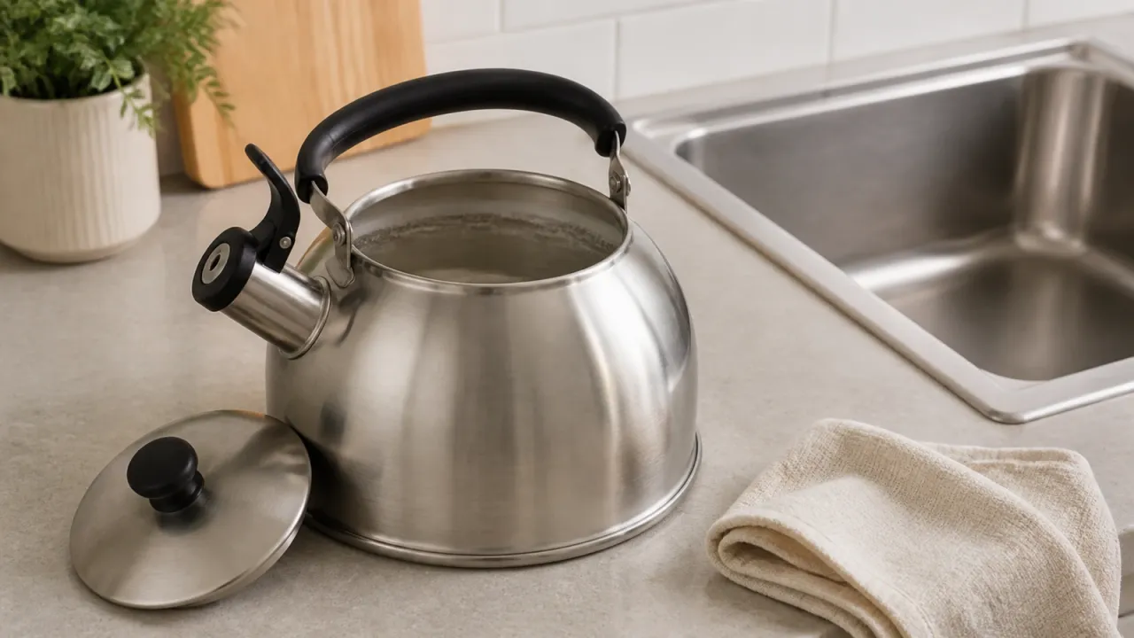Illustrative unbranded stainless steel kettle with a light chalky scale ring beside a dry sink and cloth; it does not diagnose a real kettle's condition