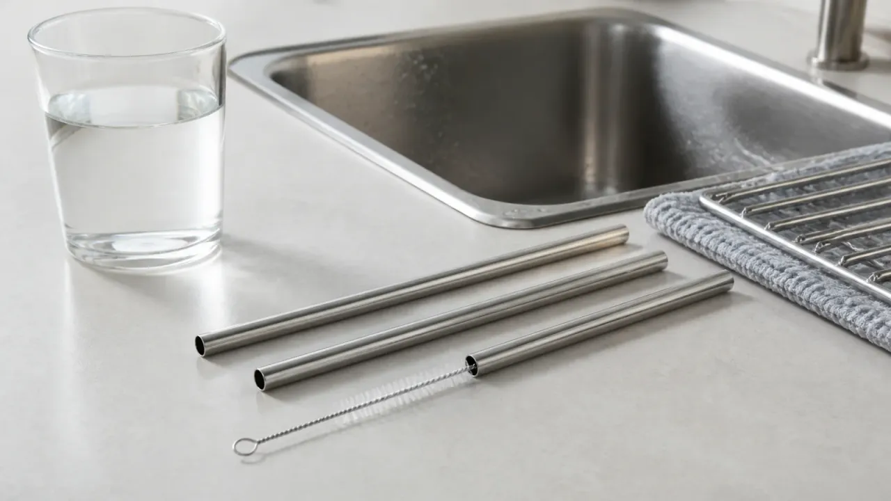 Unbranded stainless steel straws, a narrow cleaning brush, and a drying rack beside a clean sink