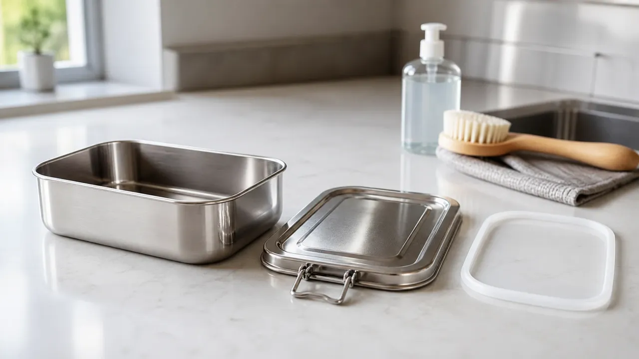 An unbranded stainless steel lunch box opened with its lid and removable silicone gasket separated for cleaning