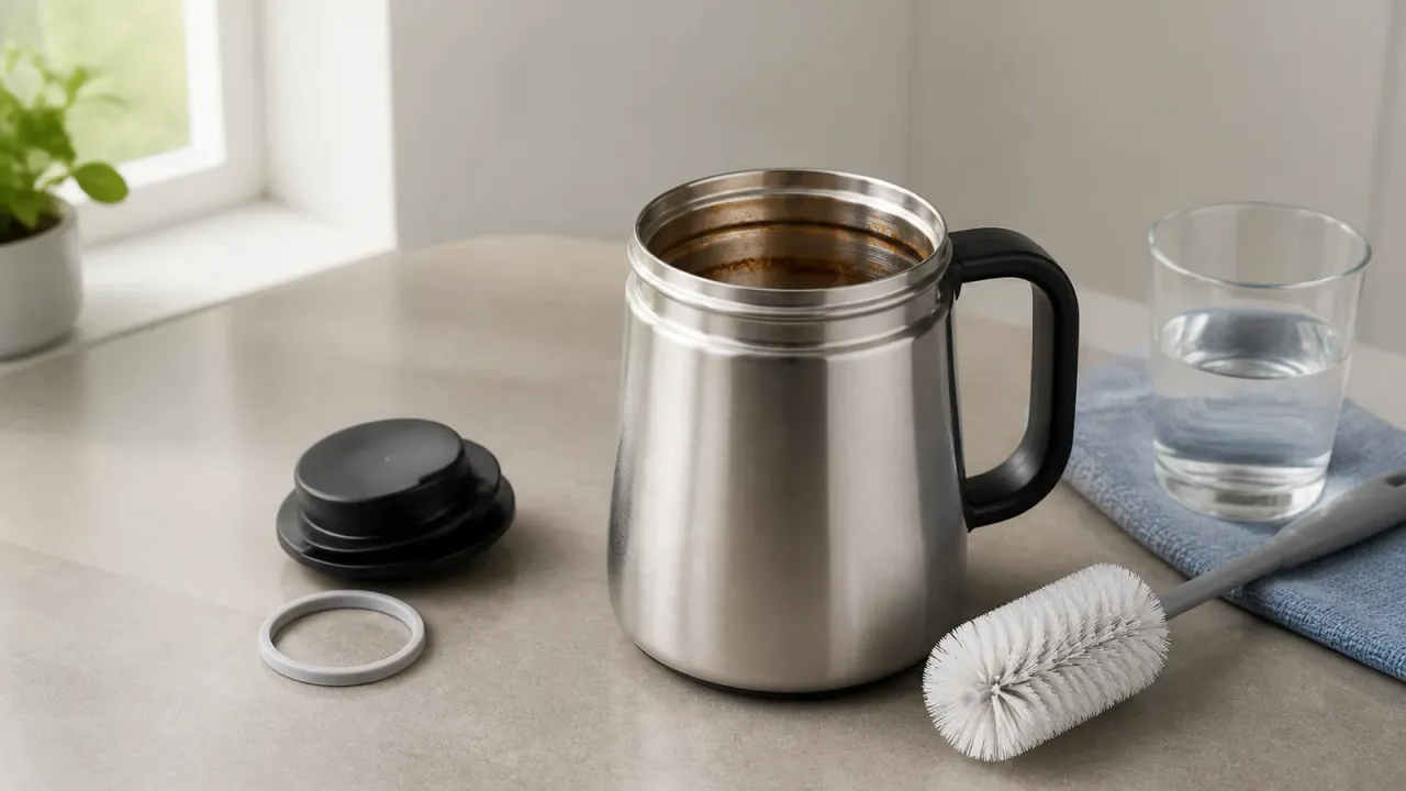 Open stainless steel coffee mug with a light brown film beside a soft brush and clean water