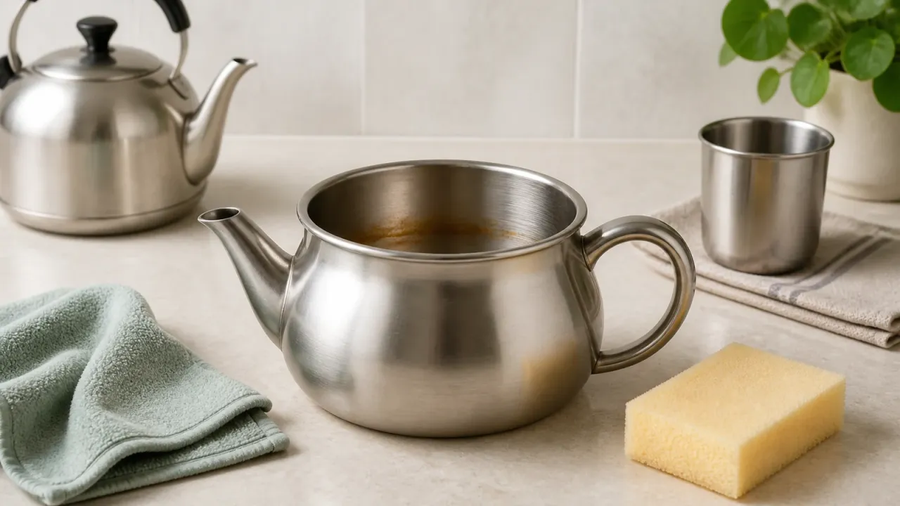 Unbranded stainless steel teapot with a faint tea film, soft cloth, and non-abrasive sponge on a neutral counter