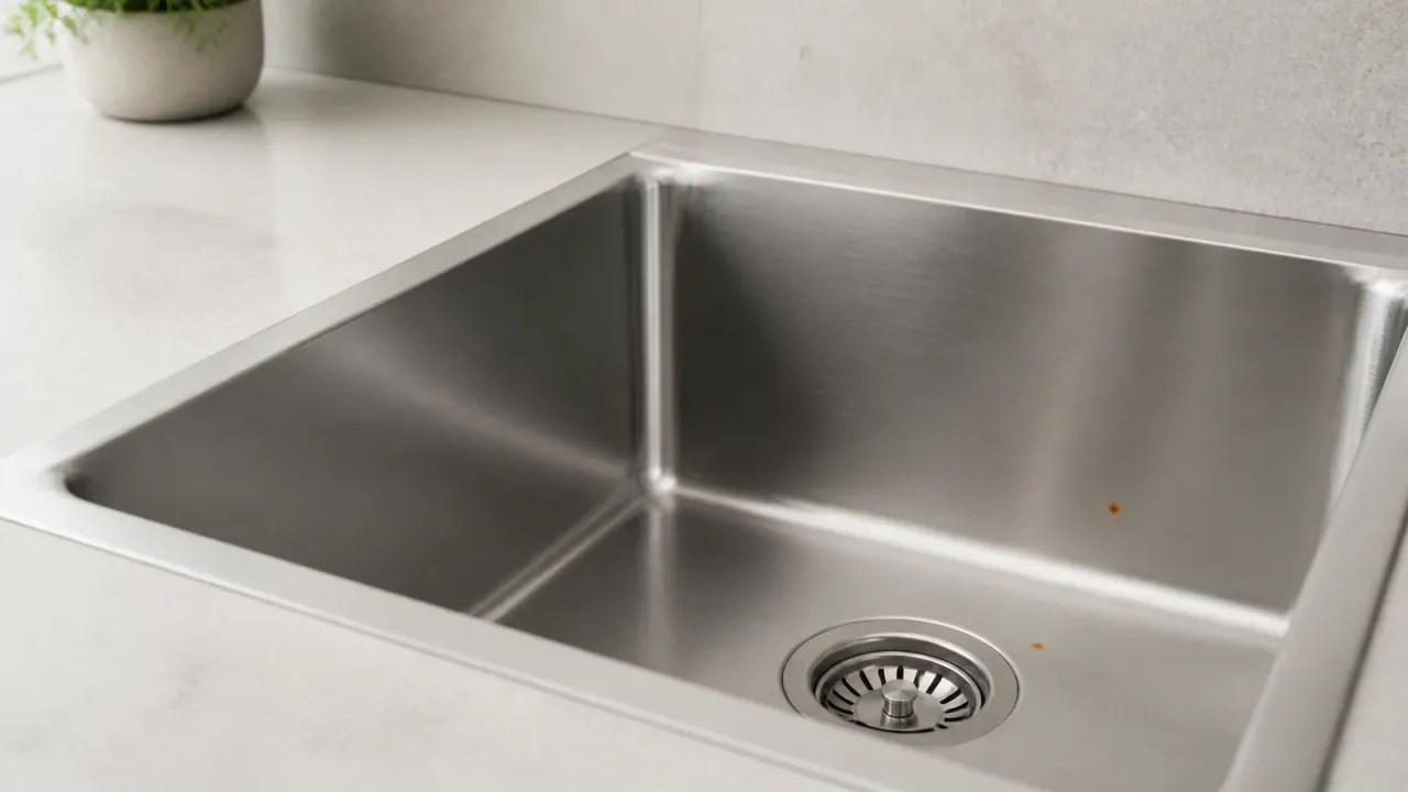 A clean brushed stainless steel sink with two tiny orange-brown surface spots near the drain