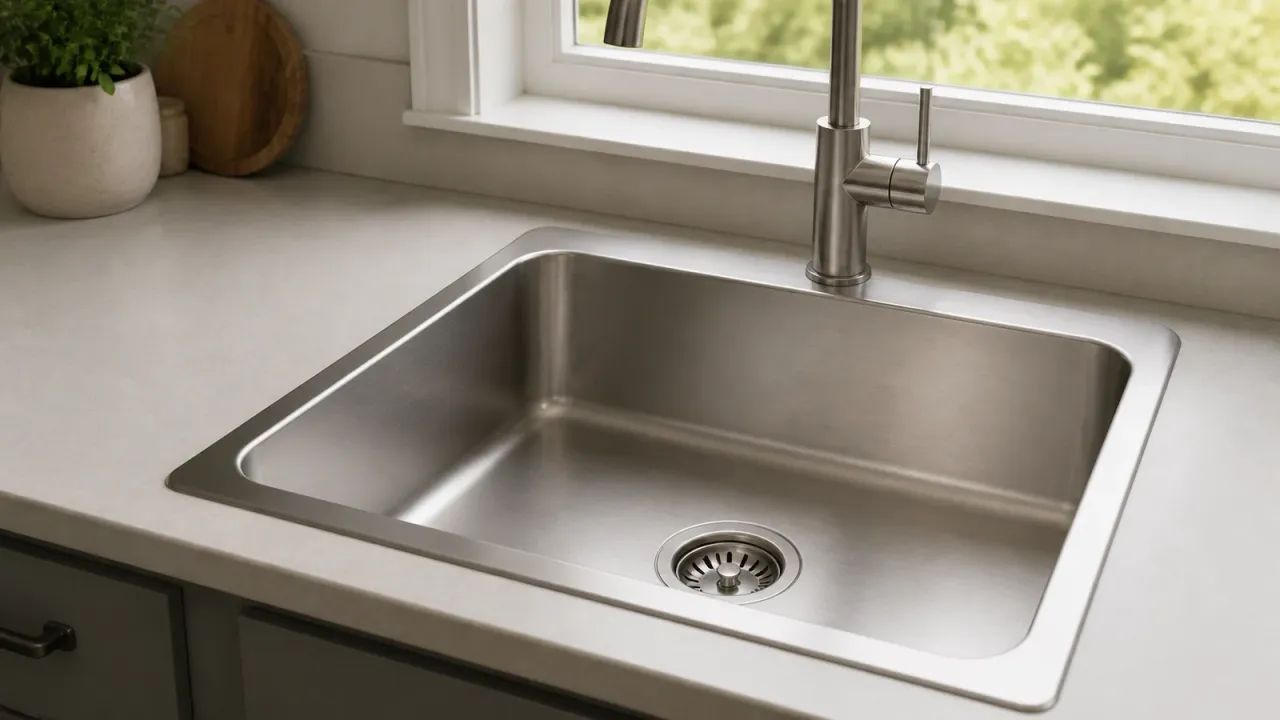 A brushed stainless steel kitchen sink in a clean, neutral kitchen.