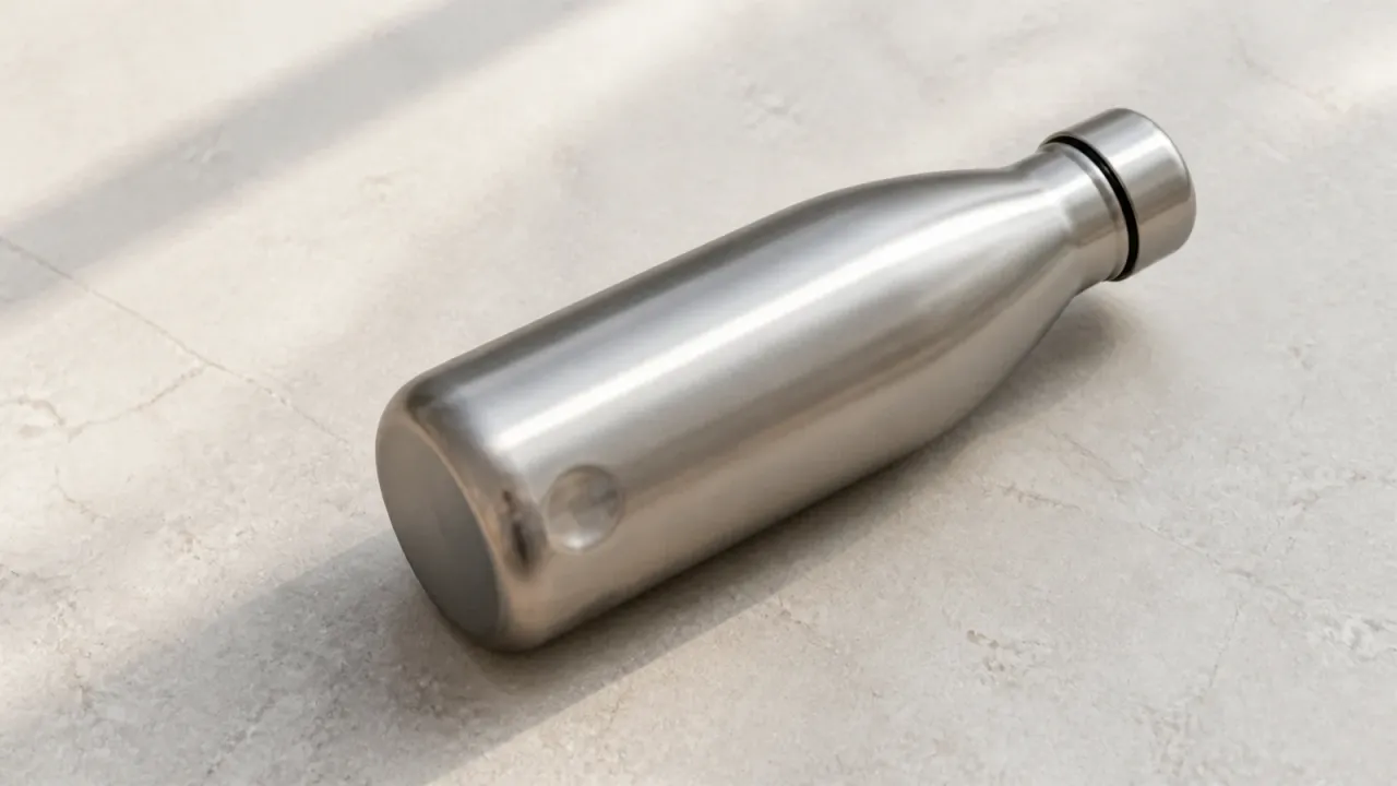 Unbranded stainless steel water bottle with a mild exterior dent on a neutral surface