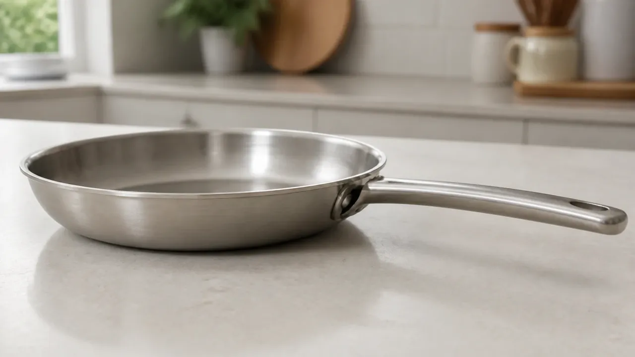 Unbranded cool stainless steel pan on a counter with a visibly separated handle joint