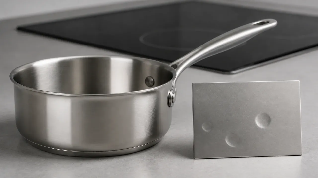 Unbranded stainless saucepan beside a conceptual metal sample with surface depressions; a photo cannot identify a corrosion mechanism
