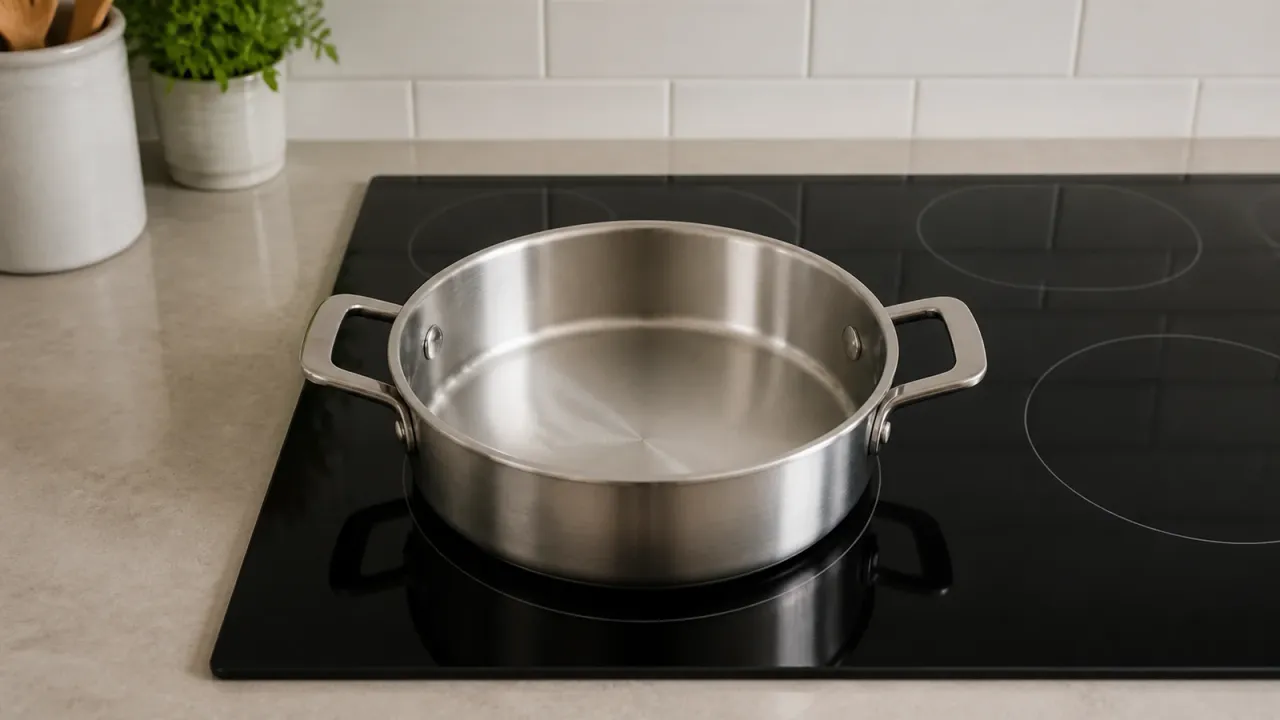 Illustration of an unbranded stainless steel pan centered on a clean inactive glass-ceramic cooktop; it does not verify cookware compatibility or a real cooktop