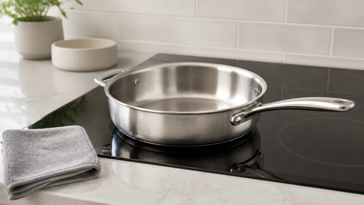 Unbranded stainless steel pan resting on a clean inactive glass-ceramic cooktop beside a soft cloth.
