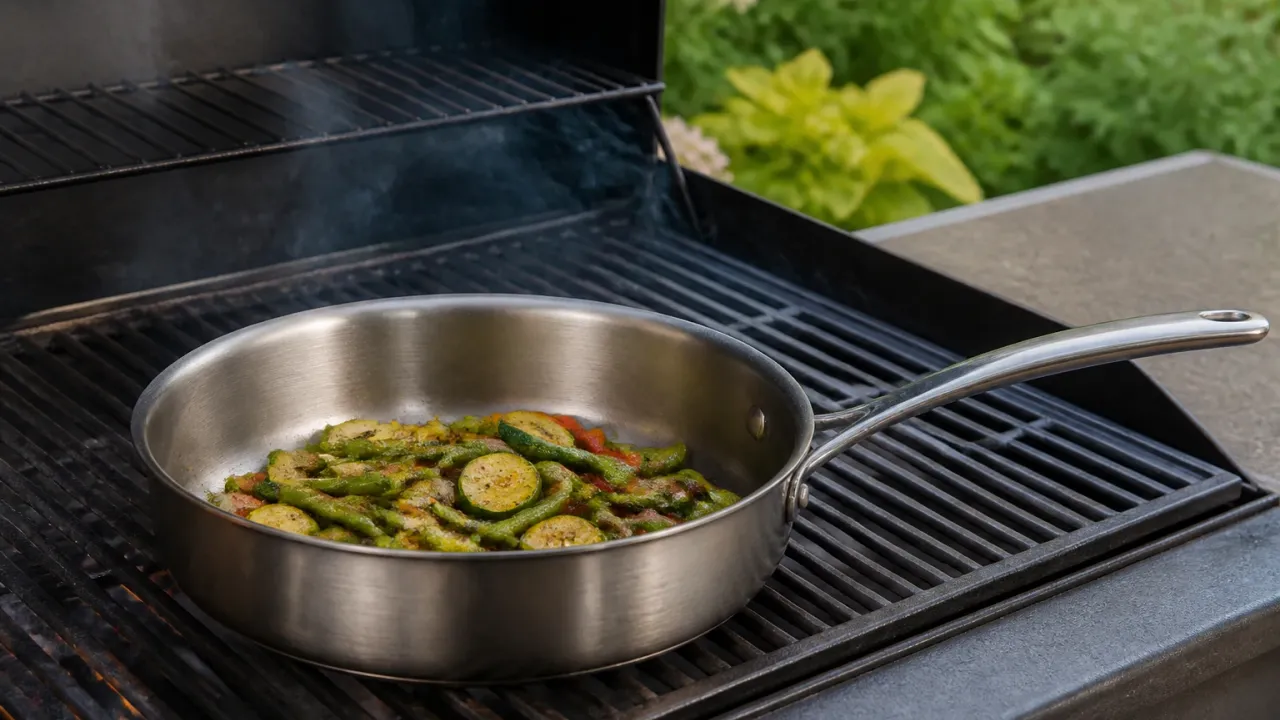 Stainless steel pan holding vegetables on an outdoor grill grate