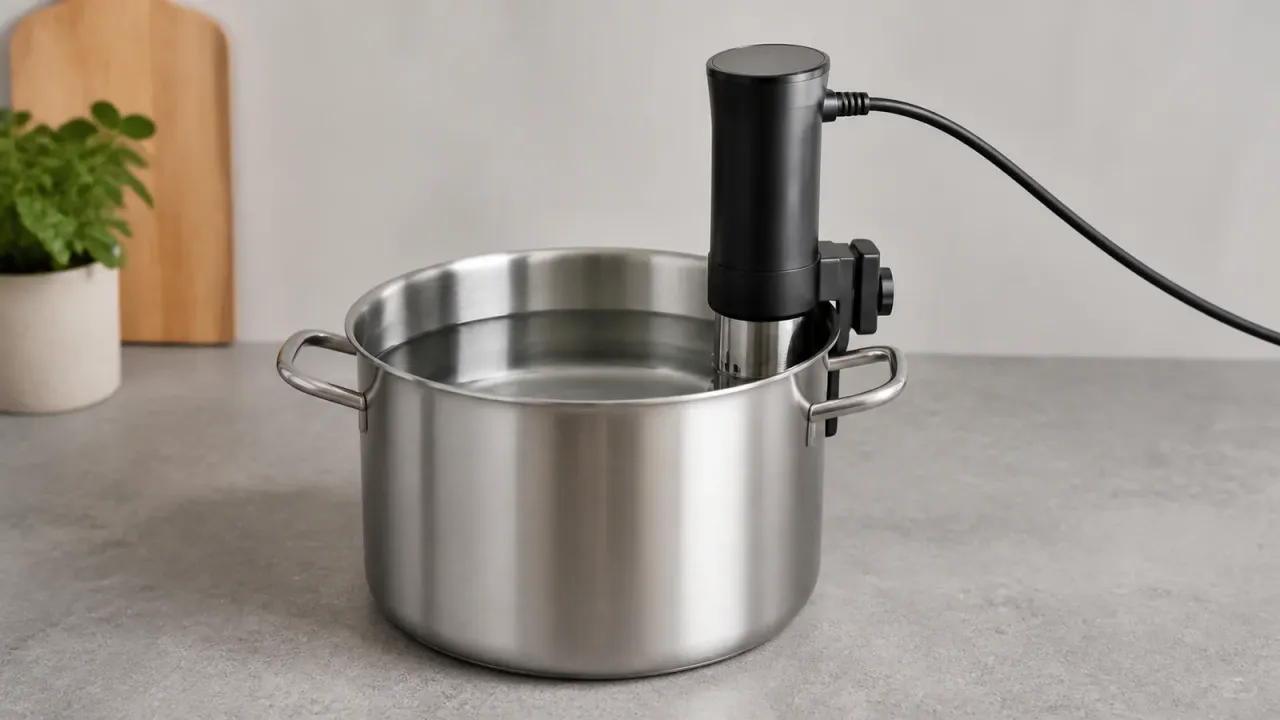 Unbranded stainless steel pot with an immersion circulator clipped to the rim on a neutral counter