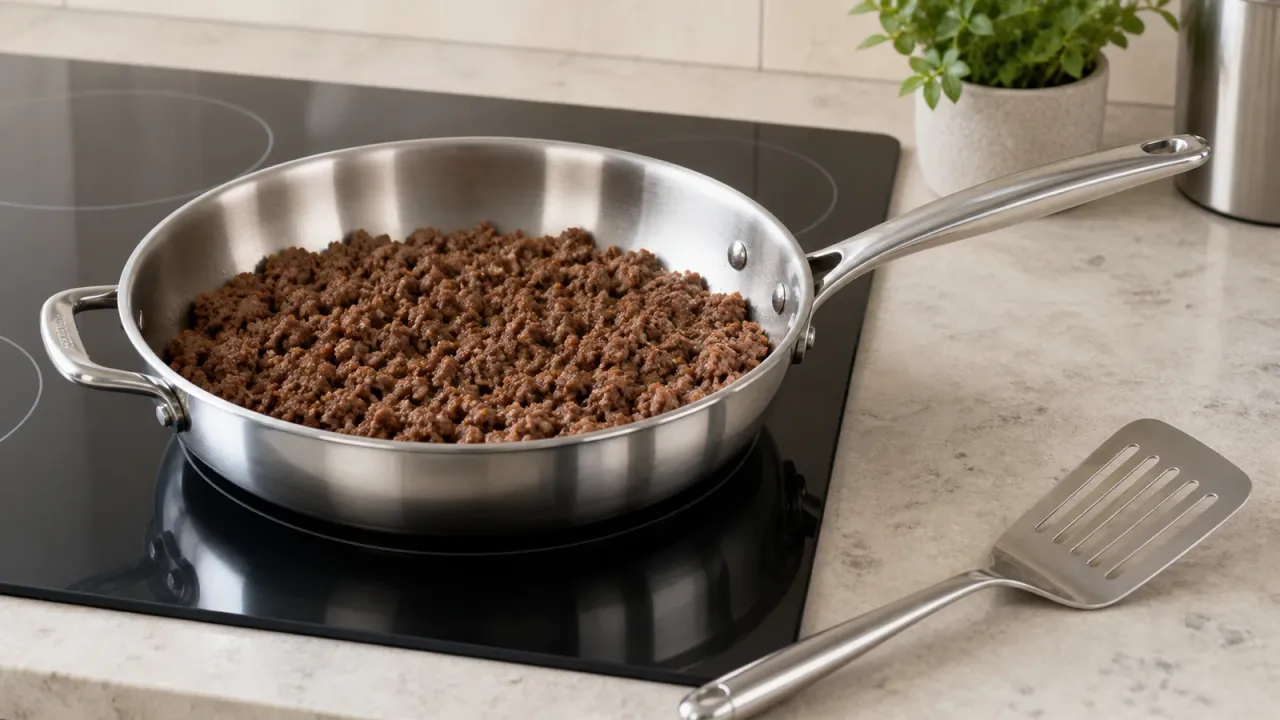 Cooked ground beef in an unbranded stainless steel skillet on a turned-off cooktop