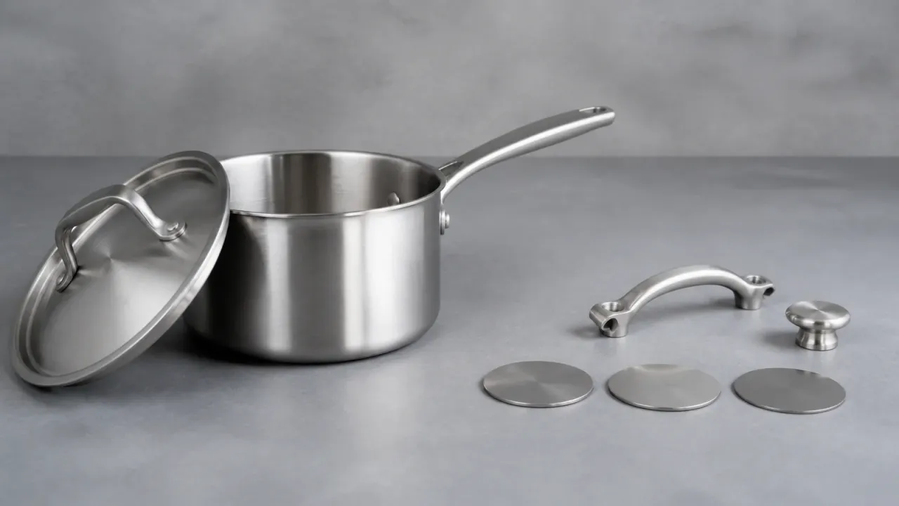 Unbranded stainless steel saucepan and separate metal components on a neutral work surface