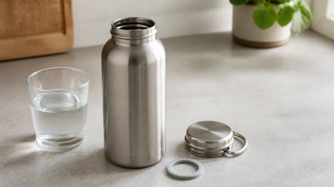 Unbranded open stainless steel water bottle, cap, gasket, and glass of plain water on a neutral surface