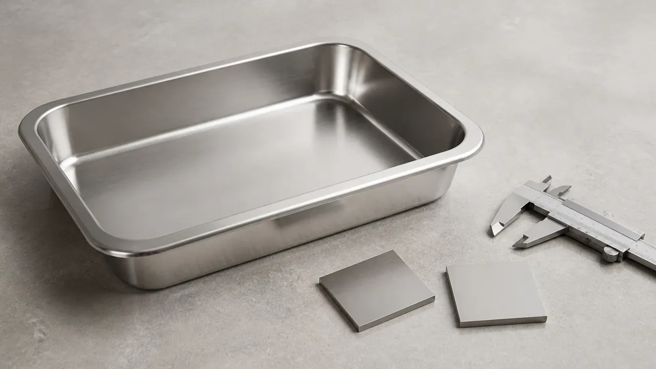 Unbranded stainless steel tray, sample coupons, and caliper on a neutral surface