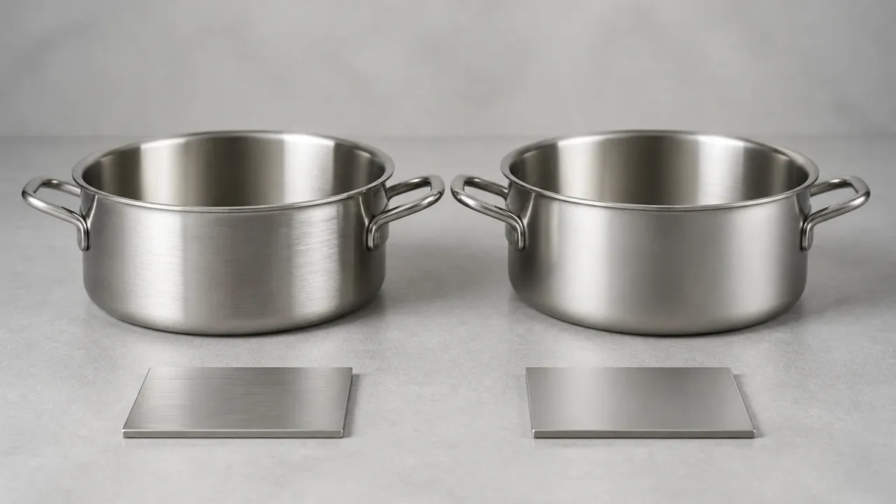 Two visually similar unbranded stainless cookware vessels and plain metal samples; appearance does not identify grade