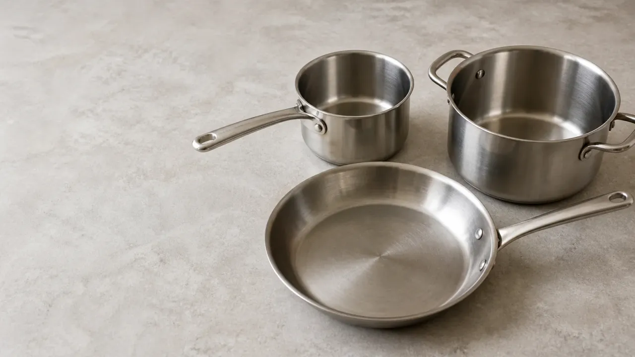 Unbranded stainless steel saucepan, pot, and skillet arranged for a calm condition check on a dry stone counter.