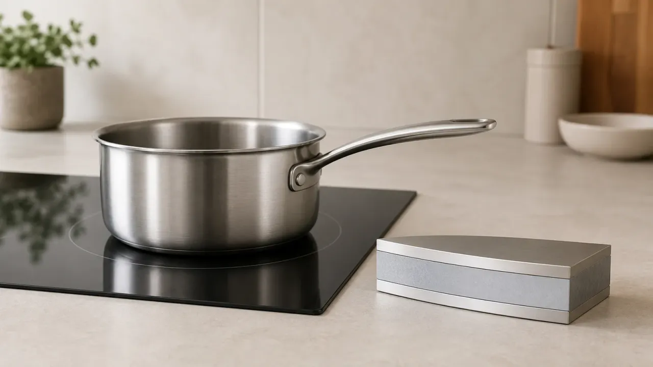 Unbranded stainless steel saucepan beside an exposed layered cookware cross-section on a neutral counter.