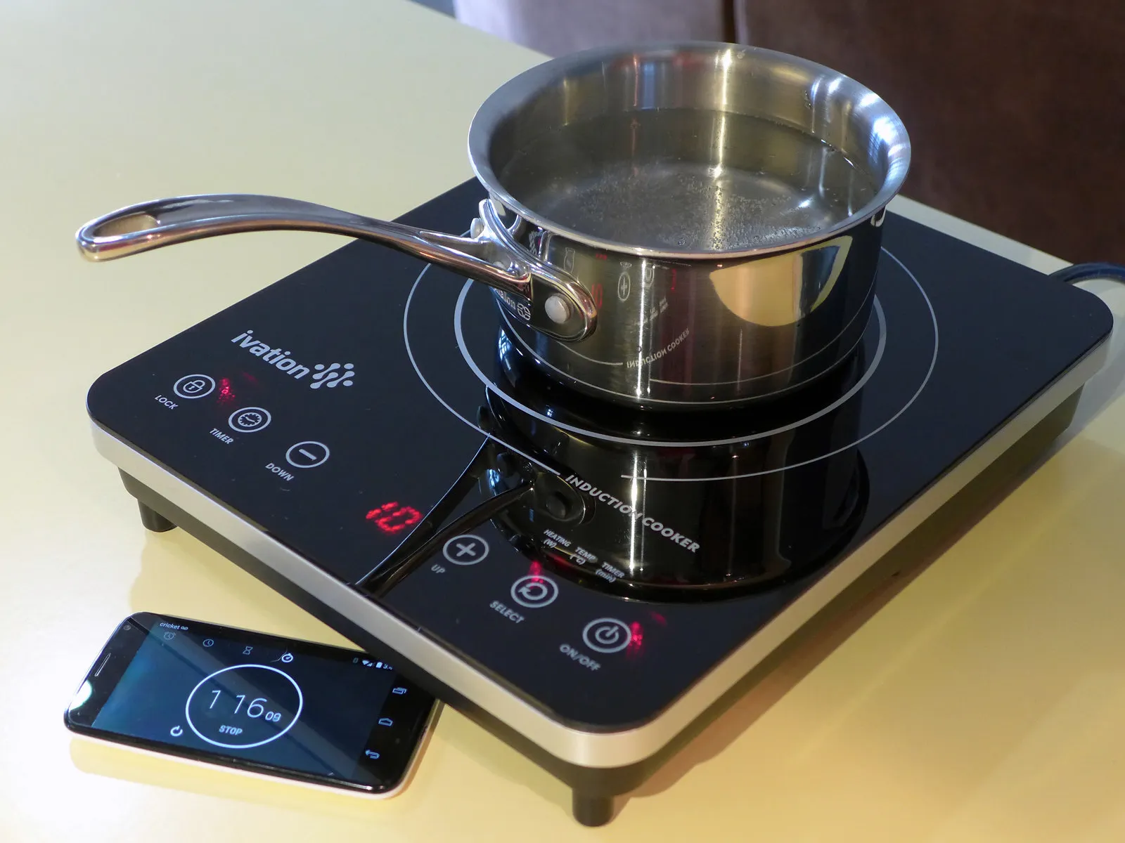 Stainless steel pan cooking on an induction stove
