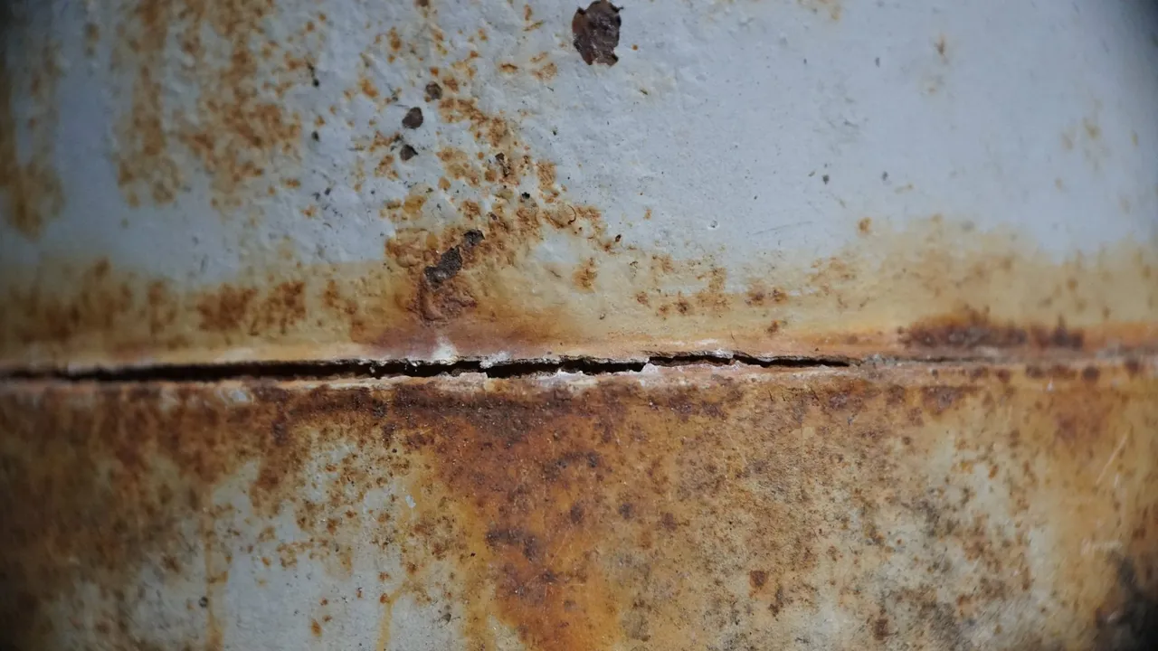 Brown residue and surface damage along the edge of a metal panel
