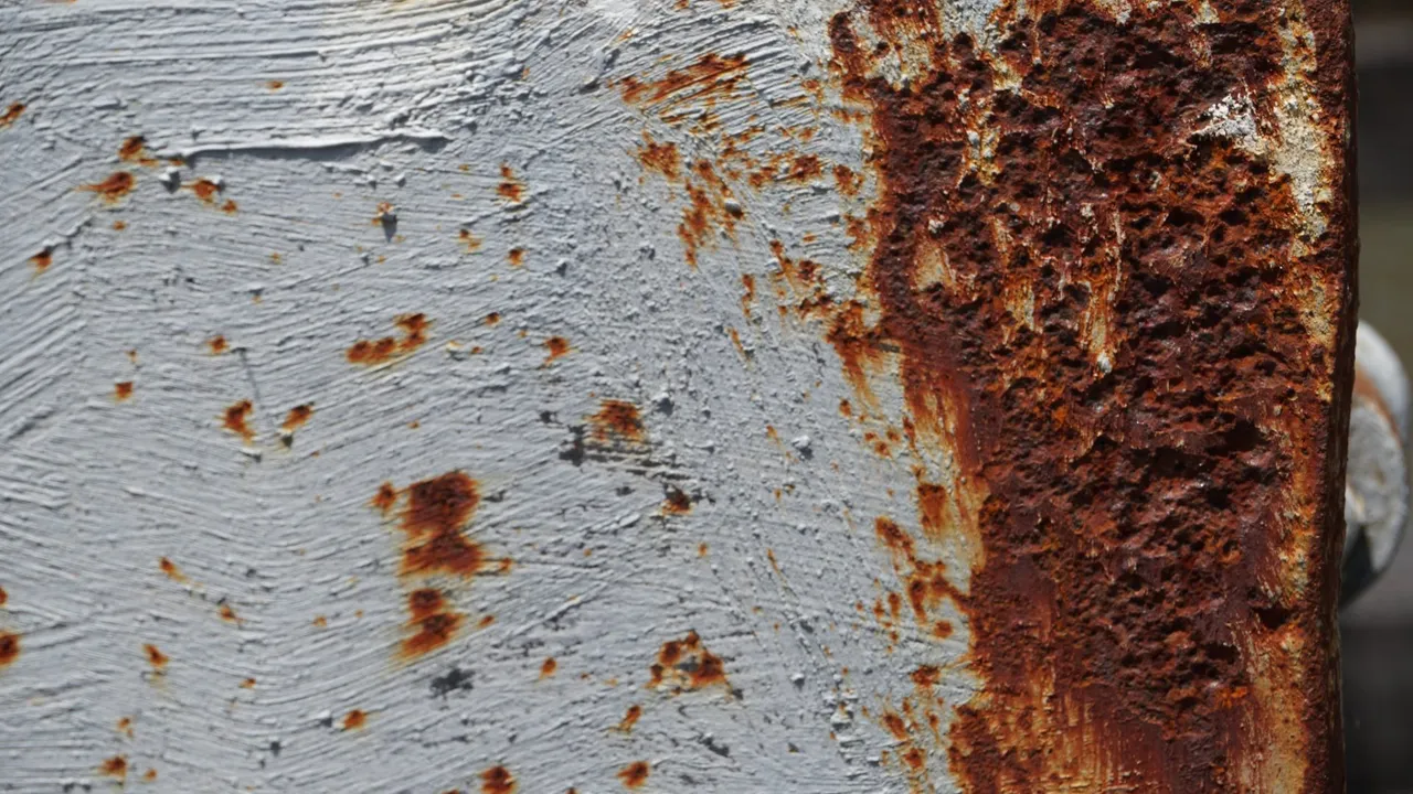Close view of brown corrosion and discoloration on a metal surface