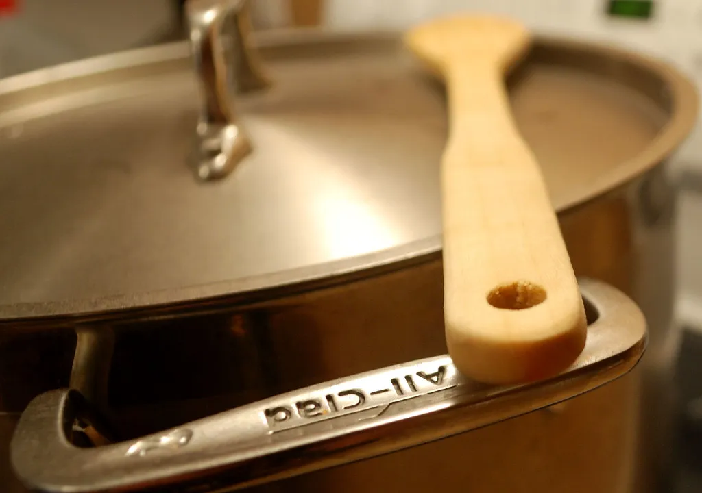 Large stainless steel stockpot with a fitted lid.