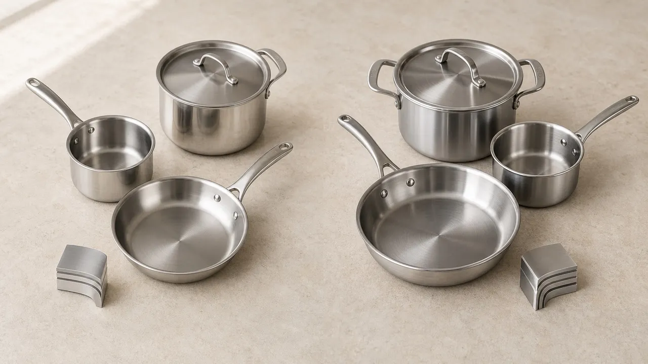Two unbranded stainless steel cookware groups with cutaways suggesting three-layer and five-layer construction