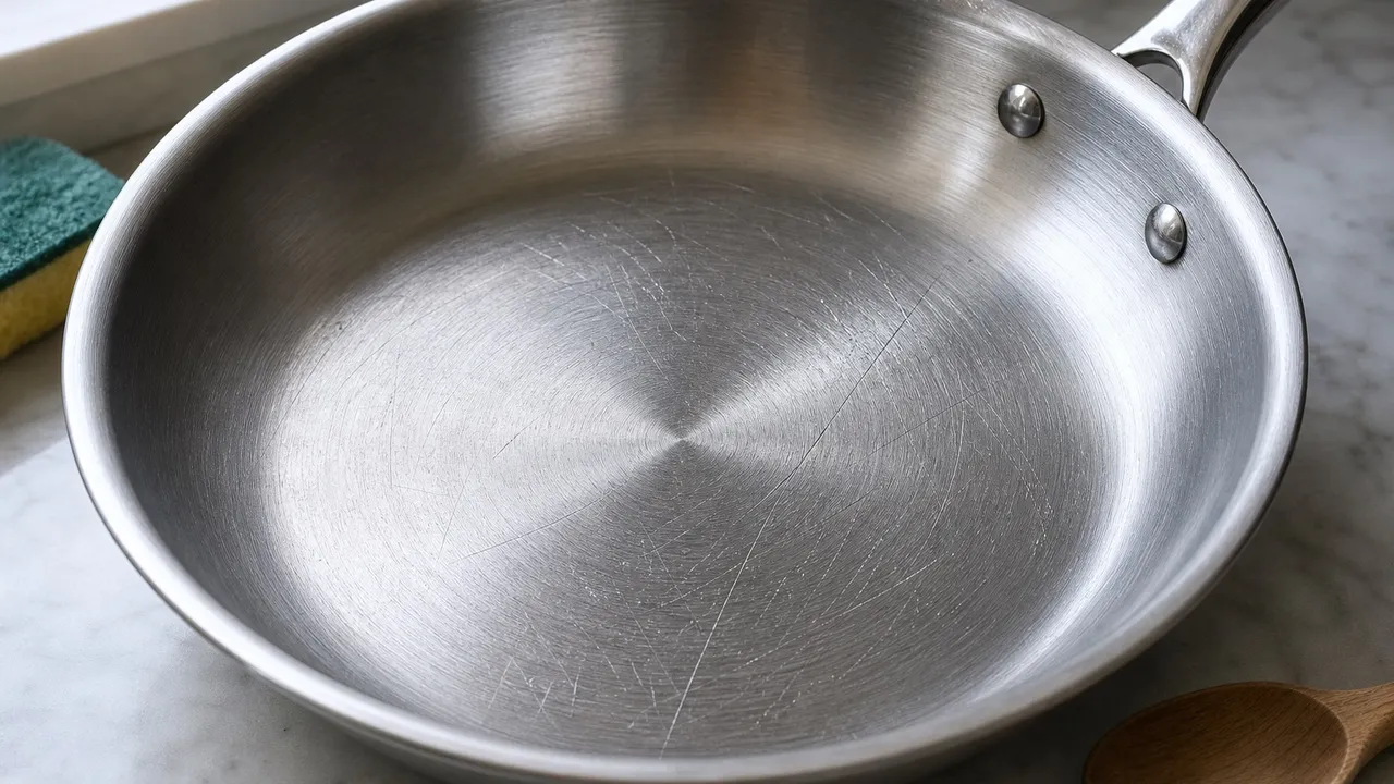 Close view of light utensil marks on the interior of an uncoated stainless steel skillet.