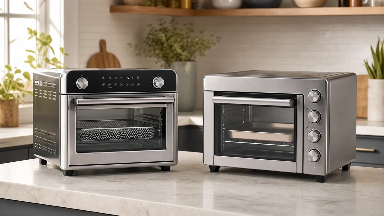 Two unbranded stainless steel air-fryer toaster ovens on a kitchen counter