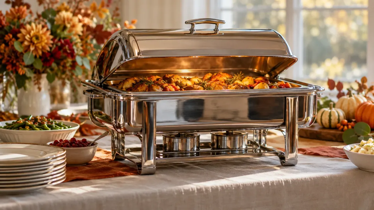 A stainless steel chafing dish with a half-open lid on a holiday buffet table with warm natural light.