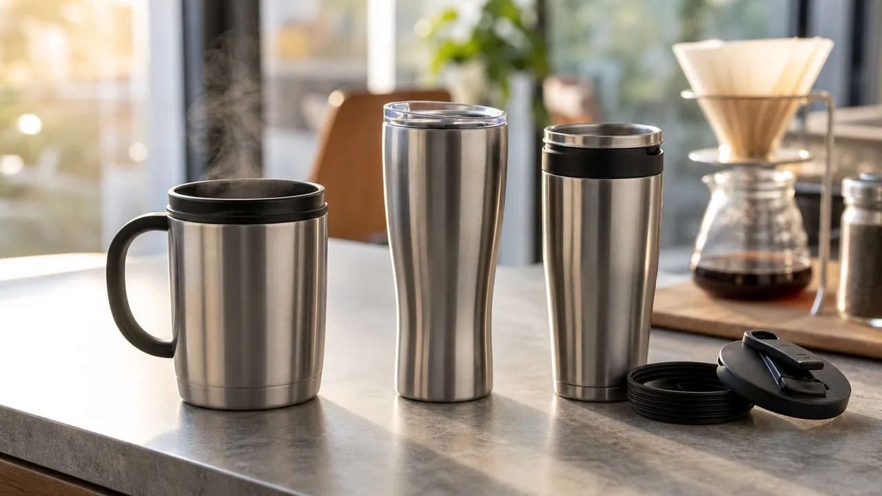 Three unbranded stainless steel travel mugs with distinct handles, shapes, and lids