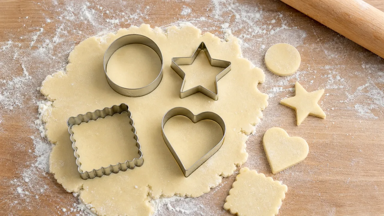 Round, star, heart, and fluted square stainless steel cookie cutters on rolled dough.