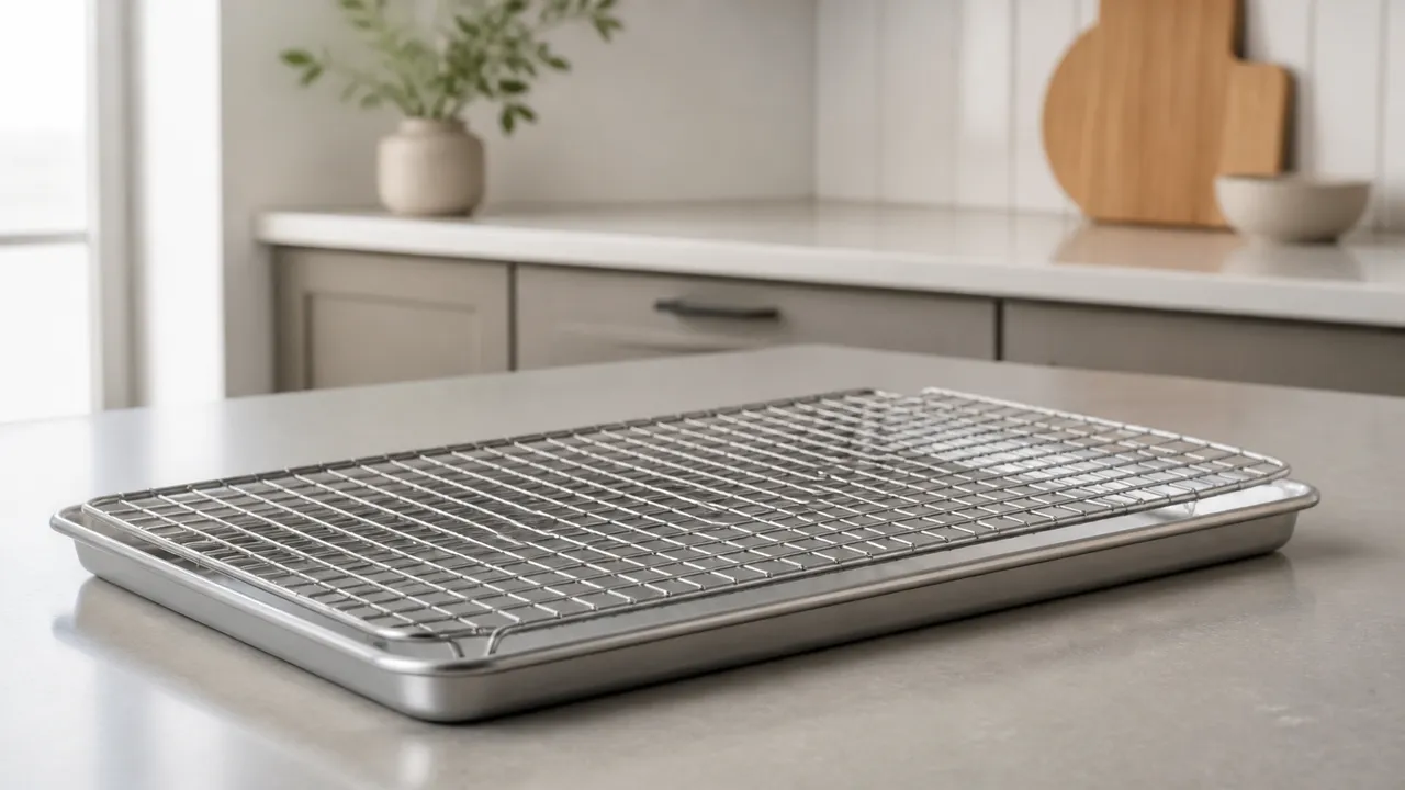 Unbranded stainless steel cooling rack resting above a rimmed sheet pan