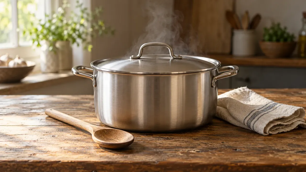 A brushed stainless steel Dutch oven with a lid on a rustic kitchen counter beside a wooden spoon.
