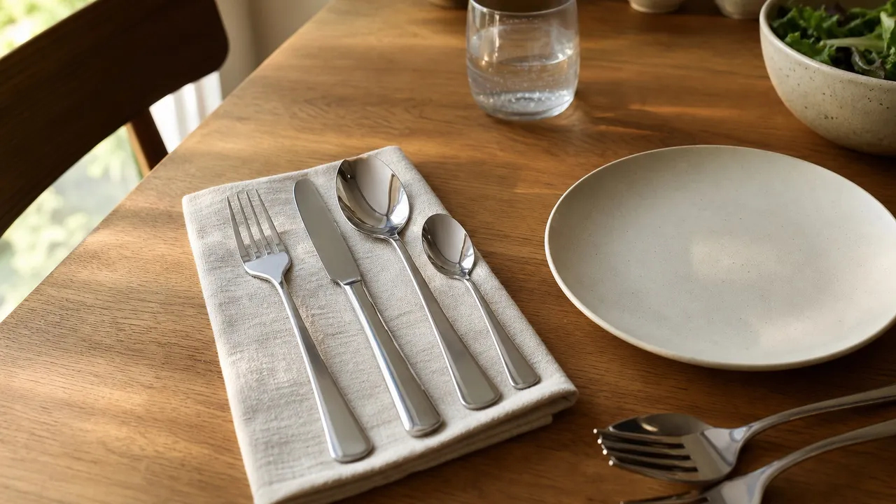 Coordinated stainless steel forks, knives, and spoons arranged beside a neutral place setting.