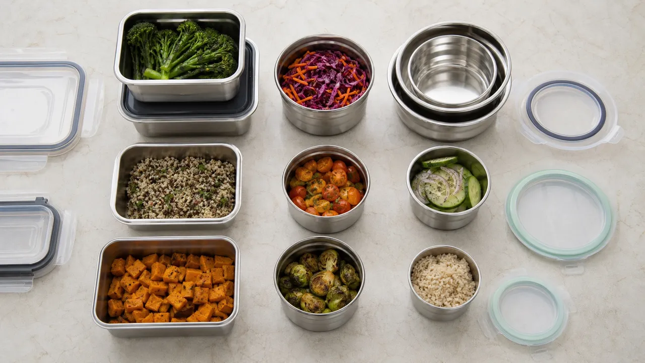 Unbranded stainless steel food storage boxes with divided and gasketed lid designs