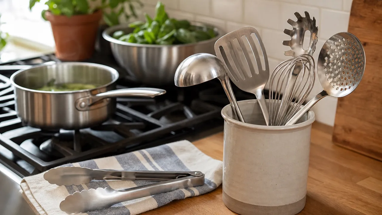 Stainless steel ladle, turner, spoon, and skimmer arranged on a stone kitchen counter.