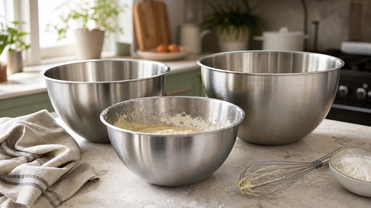 Nested stainless steel mixing bowls beside a whisk and folded kitchen towel.