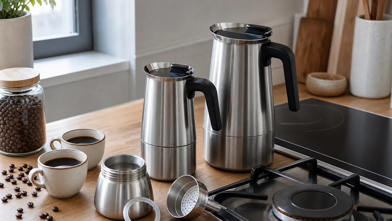 Polished stainless steel moka pot beside a small cup of dark coffee.