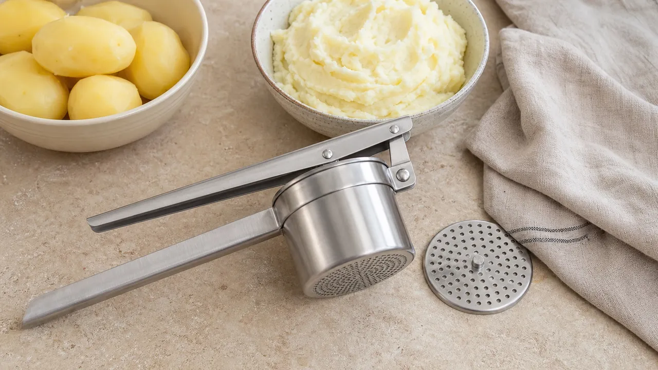 Three unbranded stainless steel potato ricers with different press and disc designs