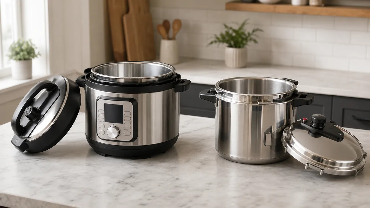 Unbranded electric and stovetop stainless steel pressure cookers with lids safely removed