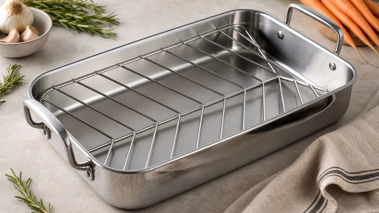 Stainless steel roasting pan with a removable rack on a kitchen counter.