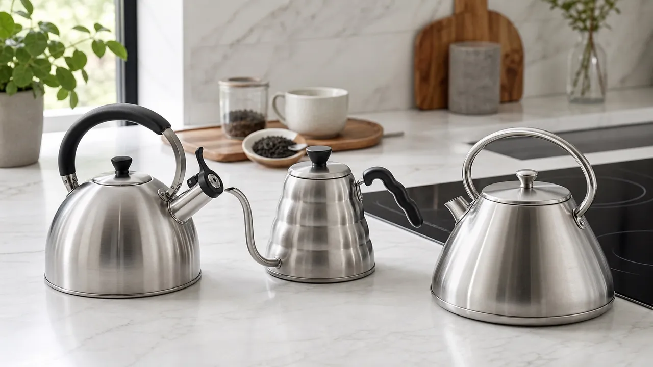 Three unbranded stainless steel tea kettles with different spouts, handles, and bases