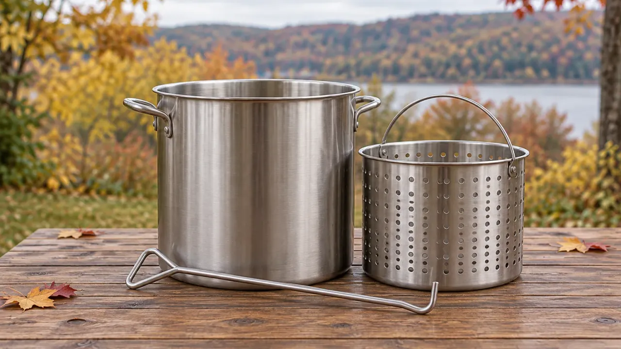 A large stainless steel fryer pot with a perforated basket and lift hook on an outdoor wooden table in autumn light.
