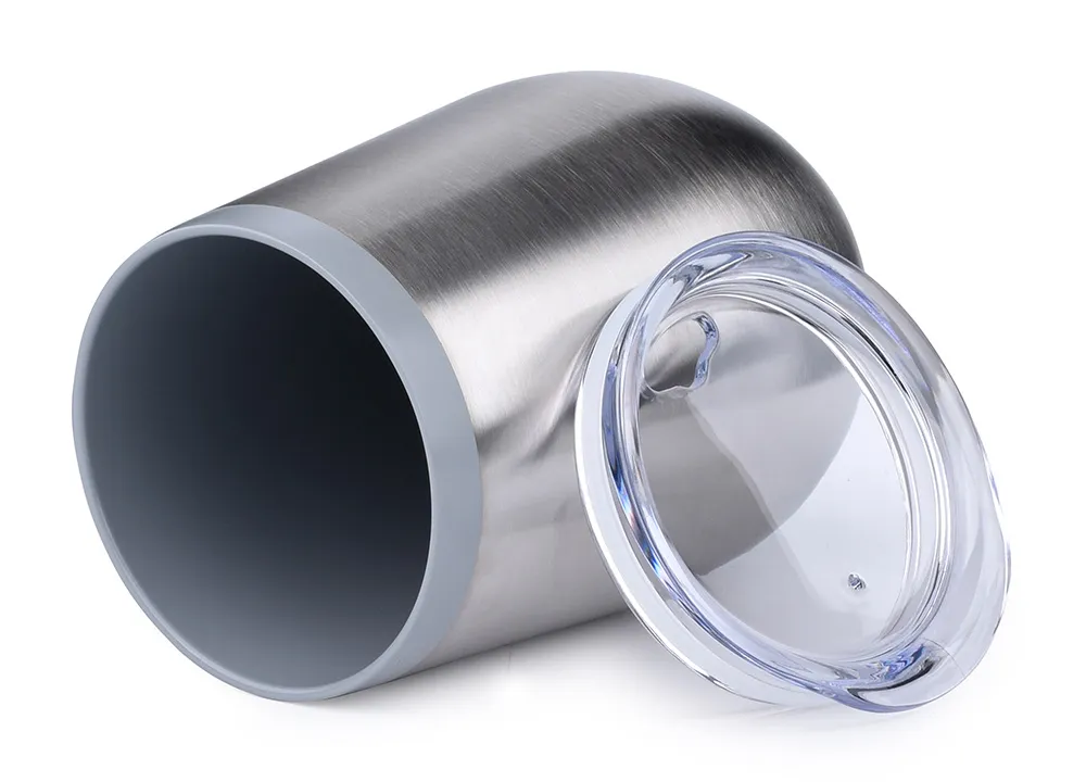 A brushed stainless steel tumbler showing its coated interior and metal wall