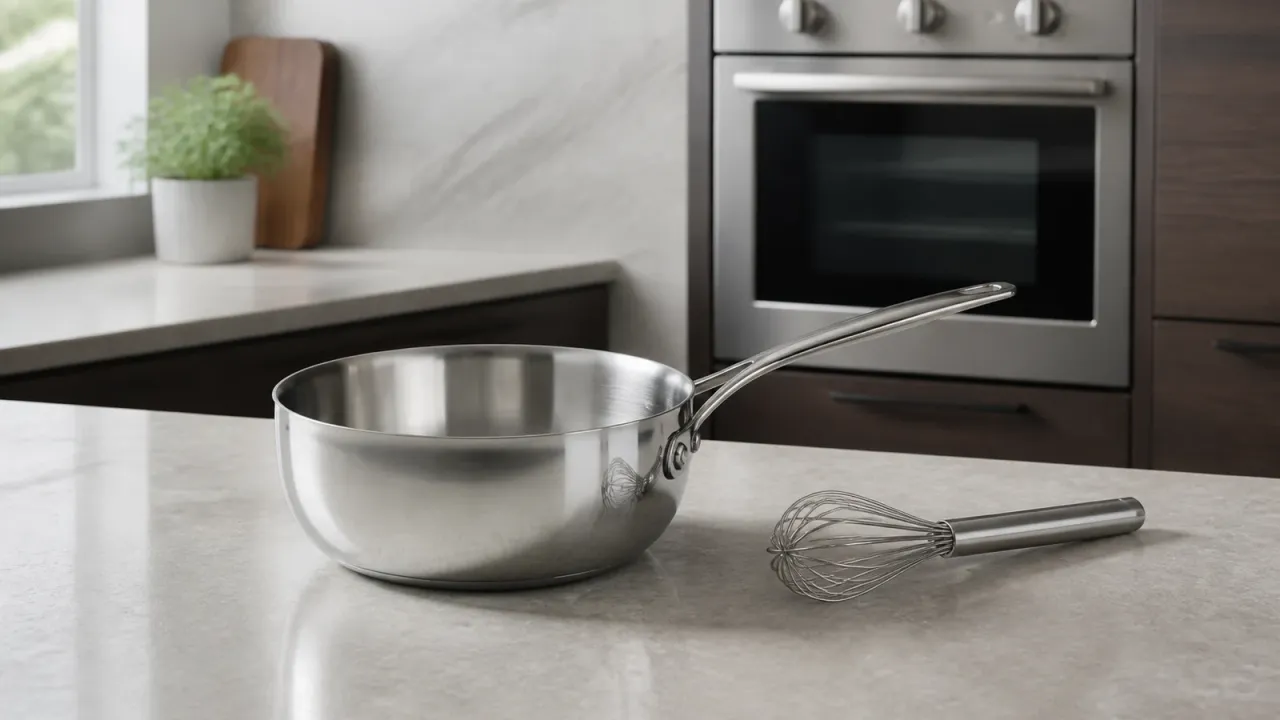 Unbranded stainless steel saucier pan with rounded walls and a whisk beside a closed inactive oven